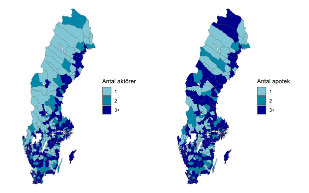 Kartbild över Sverige som med färger visar hur många apotek det finns.