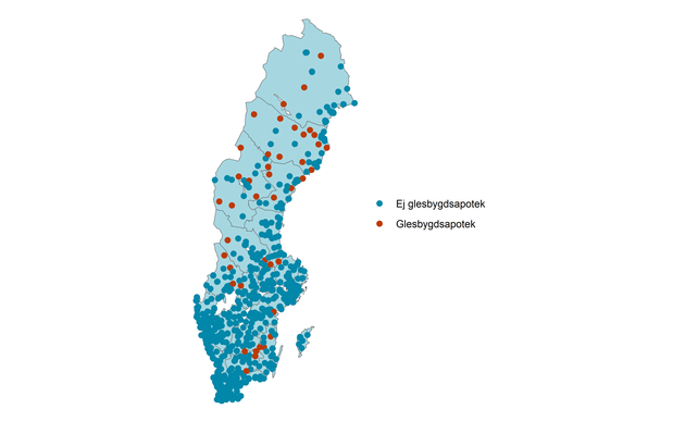 Kartbild över Sverige med markerade glesbygdsapotek.